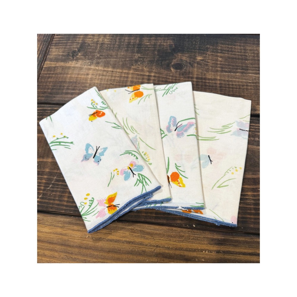Vera Butterfly Napkins White Blue Orange Set of 4 Vintage Cotton 16x16 3806